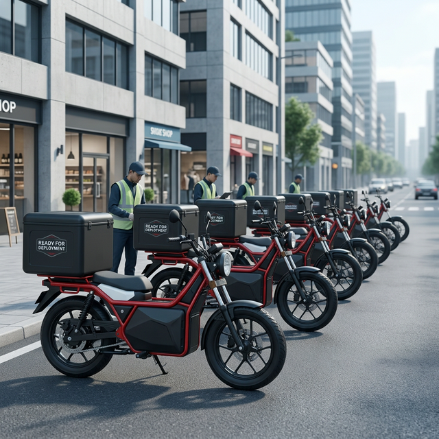 Fleet of delivery electric motorcycles with cargo boxes